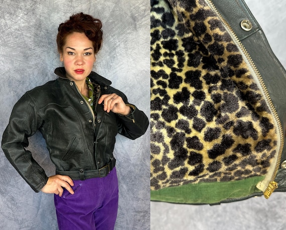 1950s Janet's in Juvie Jacket | Vintage 50s Bad Girl Black Leather Motorcycle Coat w/Leopard Faux Fur & Green Corduroy Lining | Medium Large