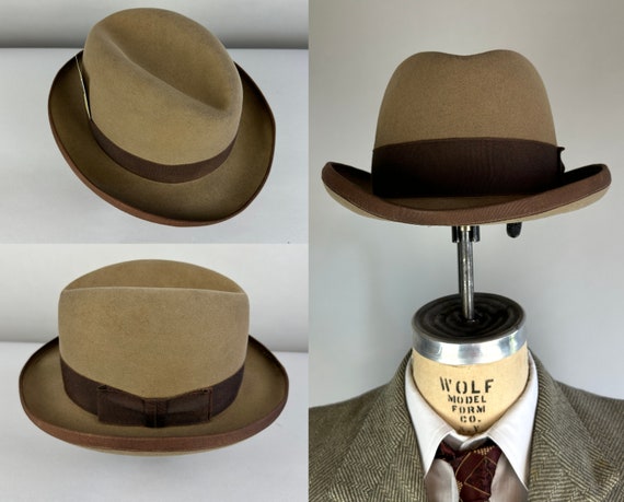 1940s  Southern Comfort Fedora | Vintage 40s Taupe Wool Felt Homburg Hat with Brown Grosgrain Ribbon Hat Band and Trim | Size 7&3/8 Large