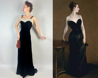 1940s Madam X Evening Gown | Vintage 40s NY Creation Black Rayon Velvet Dress w/White Lace & Rhinestone Trim + Floor Sweeping Skirt | Small