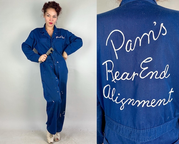 1950s Pam's Cheeky Coveralls | Vintage 50s Navy Blue "Rear End Alignment" w/ White Chain Stitch Cotton Work Jumpsuit Workwear | Extra Large