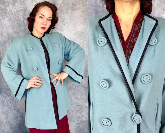 1940s Dusty Blue Dream Coat | Vintage 40s Wool Swing Jacket with Elegant Black Rope Trim and Matching Wool Buttons | Medium