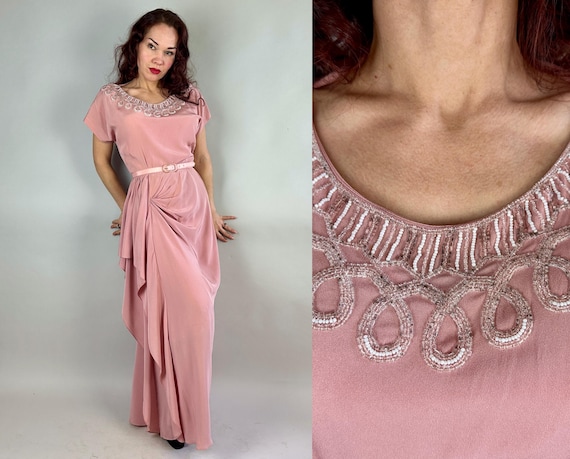 1940s Cotton Candy Cascade Evening Gown | Vintage 40s Pink Rayon Crepe Dress with Grecian Gathered Hip Swag and Beaded Neckline | Large