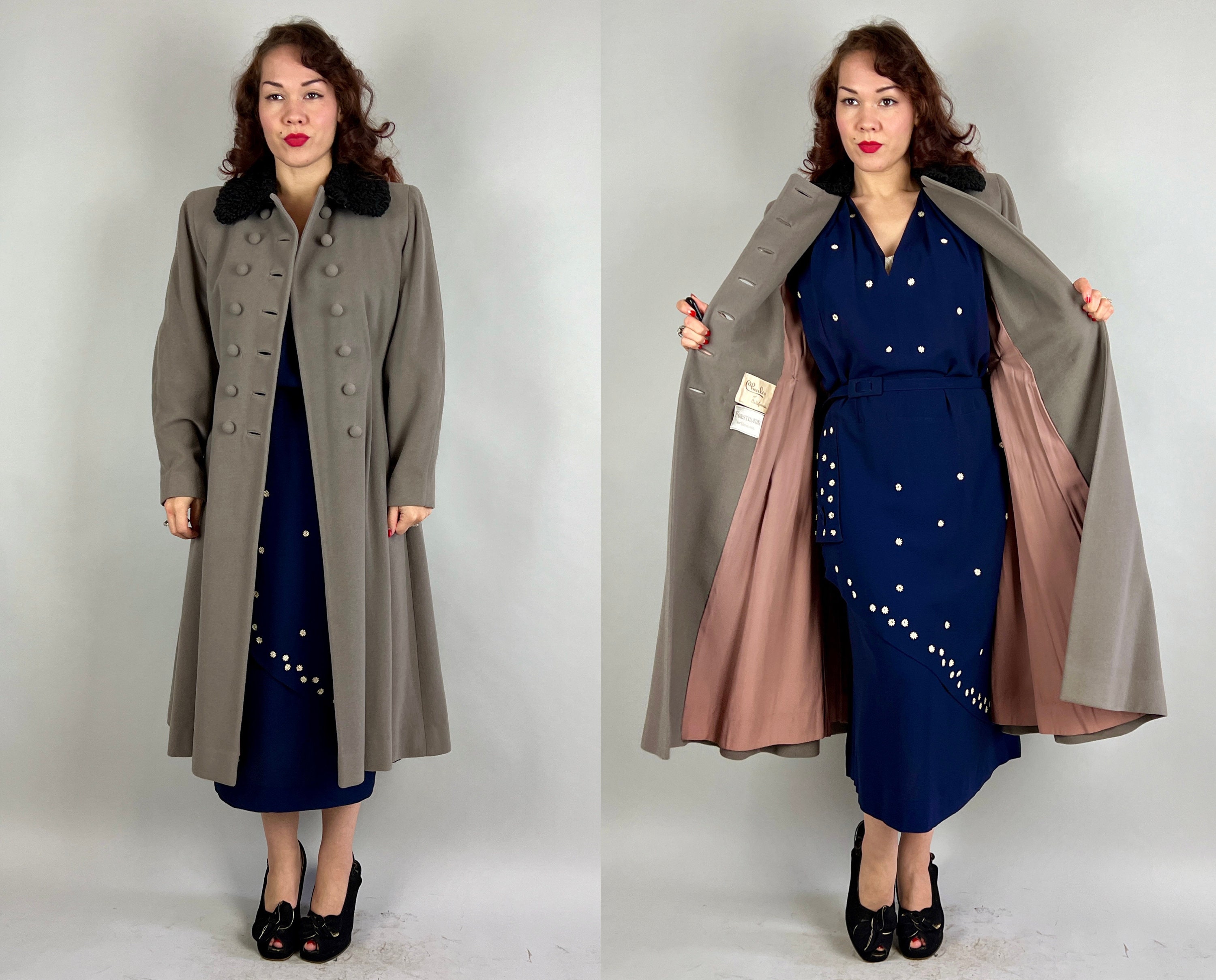 1940s Princess in Pewter Coat | Vintage 40s Grey Wool Full Skirt