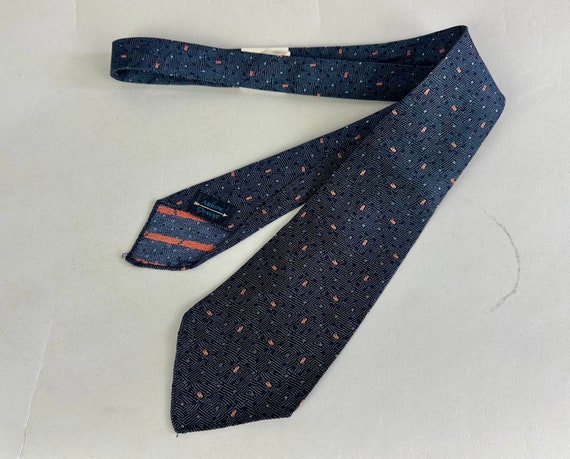 1930s Individual Idealist Necktie | Vintage 30s Navy and Sky Blue Silk Brocade Self Tie Cravat with Fingerprint Pattern and Pink Accents NWT