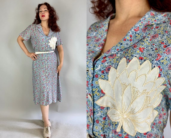 1940s Frolic in the Fields Frock | Vintage 40s Blue White Coral and Yellow Floral Rayon Button Up Frock with Big Applique | Extra Large XL