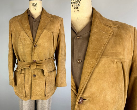 1950s Suave in Suede Jacket | Vintage 50s Caramel Brown Leather Coat with Half Belt and Top Stitched Notch Lapels & Pockets | Size 40 Medium