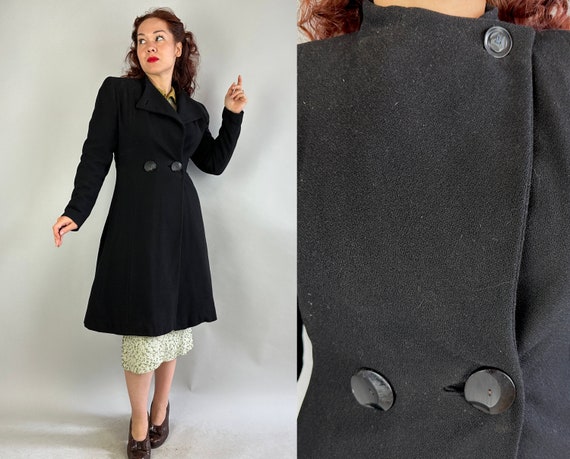 1930s Vixen on the Town Coat | Vintage 30s Black Wool Overcoat with Asymmetric Closure Padded Shoulders and Large Art Deco Buttons | Small