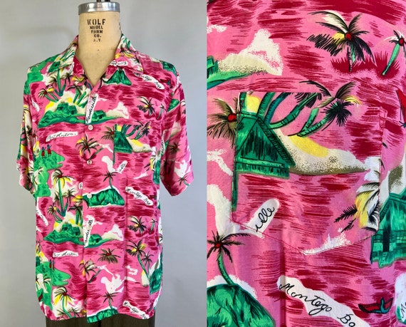 1940s Men's Travel Aloha Shirt | Vintage 40s Rayon Hawaiian Tiki Button Up Shirt in Pink Magenta Green Yellow | Extra Large XL