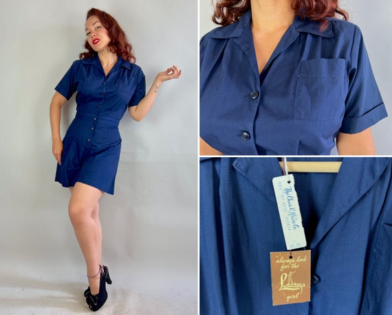 1940s Delightful Deadstock Romper | Vintage 40s Navy Blue Cotton Button Up Shirtwaist Playsuit Onesie Shorts New with Tags NWT NOS | Medium