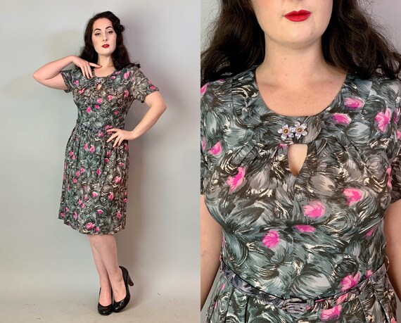1940s Abstract Feather Frock | Vintage 40s Grey an