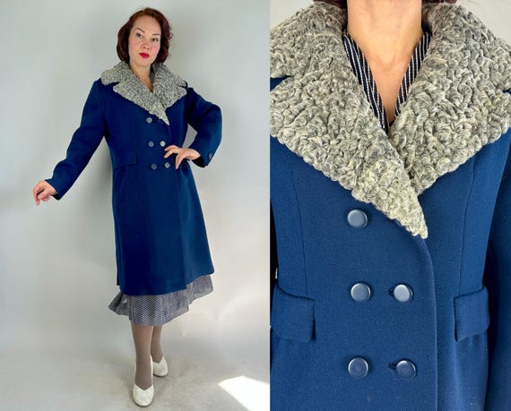 1960s Curly Cute Coat | Vintage 60s Midnight Blue Thick Weave Wool Double Breasted Overcoat with Silver Persian Lamb Lapel | Medium Large
