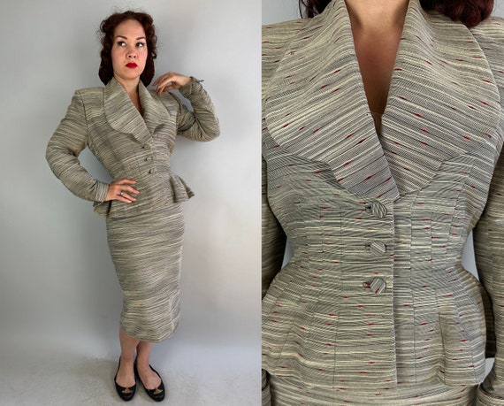 1950s Red Hot Slubs "Lilli Ann" Suit | Vintage 50s Black and White Stripe Slubby Silk Two Piece Hourglass Jacket & Skirt Ensemble | Small