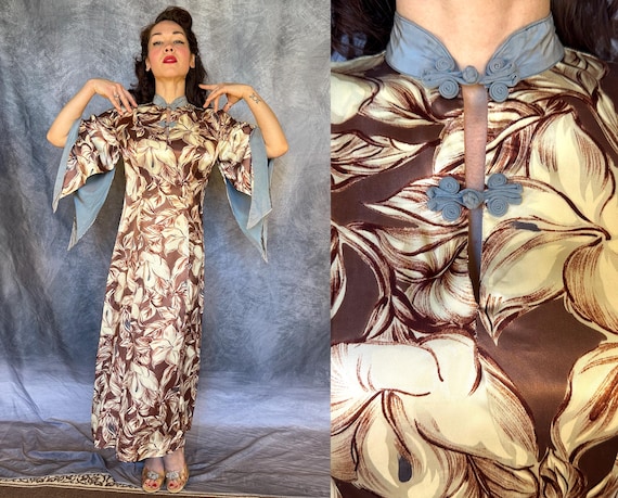 1940s Luau Lovely Pake Muu | Vintage 40s Mauve White Slate Blue Floral Rayon Satin "Kamemeha" Hawaiian Dress Gown w/Peaked Sleeves | Small