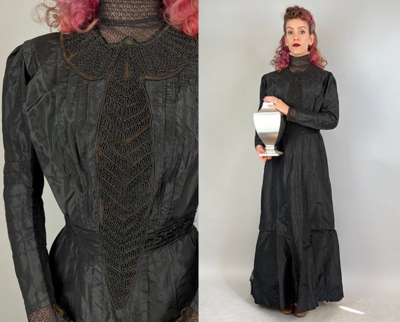 1900s Mournful Maiden Gown | Antique Vintage Victorian Edwardian Black Silk and Lace High Collar Dress w/Soutache Pintucks & Pleats | Small