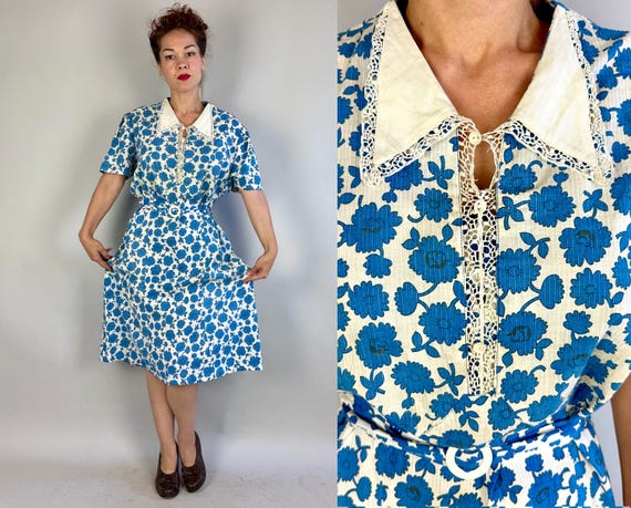 1930s Cornelia's Cornflower Dress | Vintage 30s Depression Blue & White Floral Ribbed Cotton Short Sleeve Lace Trim Frock | Extra Large XL