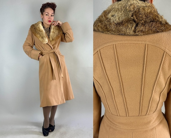 1970s Stone Cold Fox Coat | Vintage 70s Does 30s Camel Beige Wool Fit and Flare Overcoat w/ Red Fox Fur Collar & Sunrise Back | Small Medium