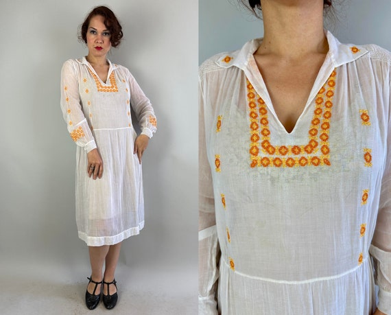 1930s Pretty Peasant Frock | Vintage 30s White Cotton Voile Sheer Day Dress with Orange and Yellow Floral Block Embroidery | Extra Large XL