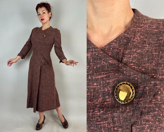 1940s Sassy Static Frock | Vintage 40s Black Wool with Hot Pink Flecks Dress with Asymmetric Gold Button Pointed Flaps | Small