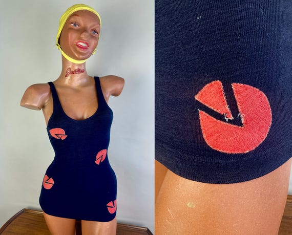 1920s Piece of Cake Swimsuit | Vintage Antique 20s Navy Blue Wool Knit 1 Piece Bathing Suit w/Red Sliced Circles Appliqués | XS Small