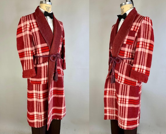 1920s Freshen Up Beacon Robe | Vintage 20s Rosey Red and Pink Hues Plaid Flannel Lounge Jacket w/Tassel Belt & Shawl Collar | Small