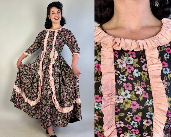 1940s Princess on the Prairie Dress | Vintage 40s Black Silky Rayon Floral Print in Pink Blue and Green with Ruffles | Large Extra Large XL