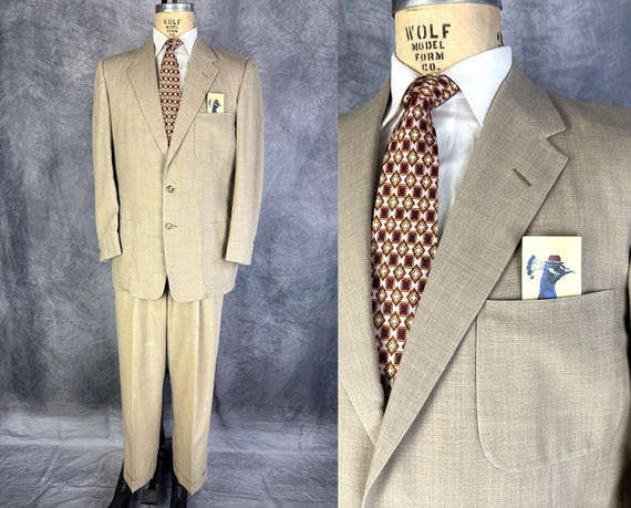 1950s Just In Time Suit | Vintage 50s Sandy Beige Summer Weight Single Breasted Jacket and Trousers Two Piece Set | Size 40 Medium