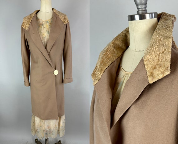 1920s Anita's Autumnal Coat | Vintage 20s Beige Wool Lightweight Transitional Weather Jacket with Persian Lamb Collar | Small Extra Small XS