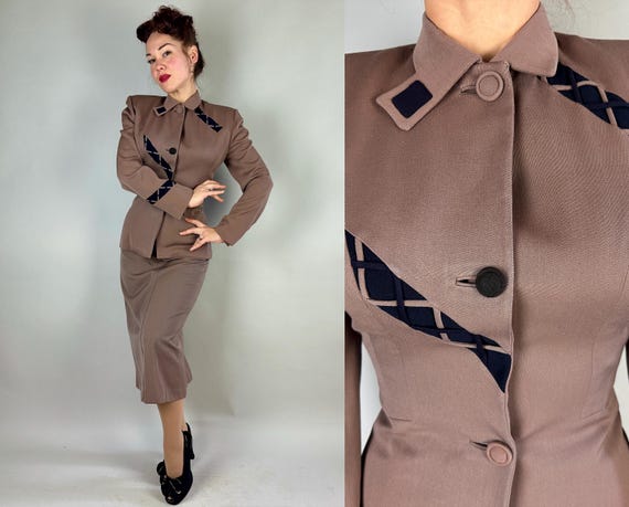 1950s Laced Up in "Lilli Ann" Suit | Vintage 50s Taupe Brown Wool Jacket and Skirt with Black Lattice Lacing Inset Accents | Extra Small XS