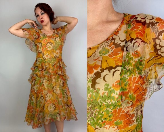 1920s Fluttery Floral Frock | Vintage 20s Autumnal Silk Chiffon Capelet Crepe Dress with Ruffles in Orange Green & Brown | Small Medium