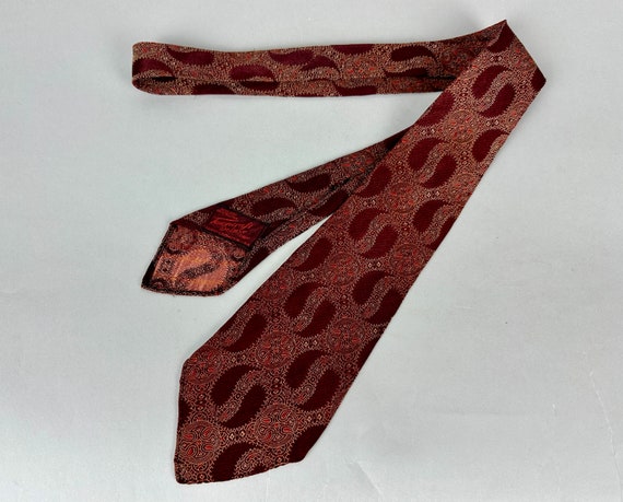 1930s Paisley Flashes Necktie | Vintage 30s Ox Blood Red and Gold Silk Brocade Intricate Swirls Self Tie Cravat by “Towncraft Deluxe”