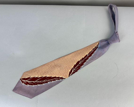 1940s Better Be Leaf It Necktie | Vintage 40s Purple Maroon and Peach Rayon Self Tie Cravat with Diagonal Stripes and Leaves