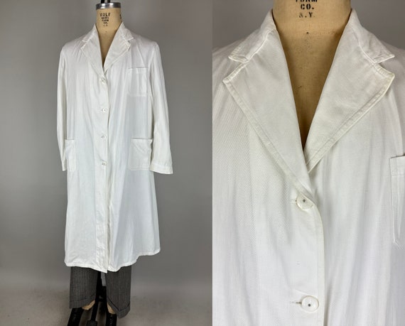 1920s Darling Doctor Duster Coat | Vintage Antique 20s White Cotton Frock Jacket with Patch Pockets and Belted Back | Extra Large XL