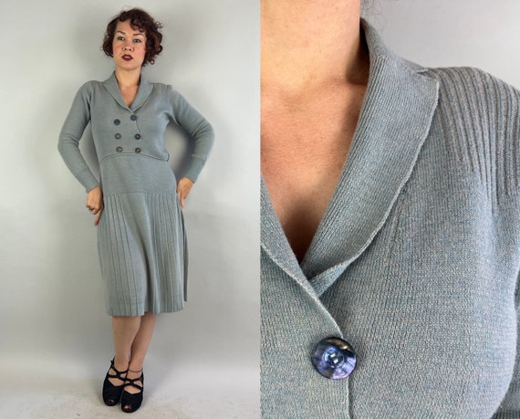 1920s Nestled in Knit Dress | Vintage 20s Sky Blue Wool Deco Flapper Knitwear Frock w/Double Breasted Buttons | Medium Large Extra Large XL