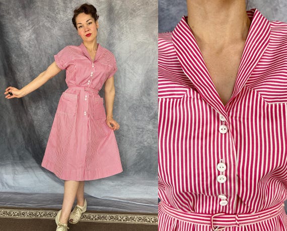 1950s Summer Stripes Dress | Vintage 50s Pink and White Striped Cotton Button Up Day Two Piece Frock w/Belt & Pockets | Large/Extra Large XL