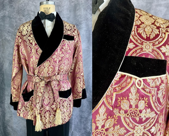 1940s Man of The Manor Smoking Jacket | Vintage 40s Mauve Gold and Silver Silk Brocade Lounge Robe with Black Velvet Accents | Medium Large