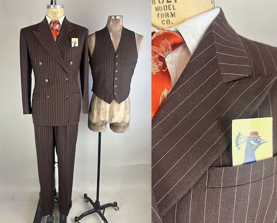 1940s Sharp Swagger Three Piece Suit | Vintage 40s Black Coffee Brown w/White Pinstripe Peak Lapel Jacket Vest and Trousers | Size 38 Medium
