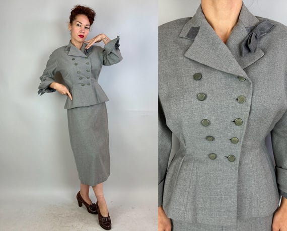 1940s Smart Sally Suit | Vintage 40s Stone Grey Wool Double Breasted Hourglass Jacket & Pencil Skirt 2 Piece Set with Bows | Extra Small XS