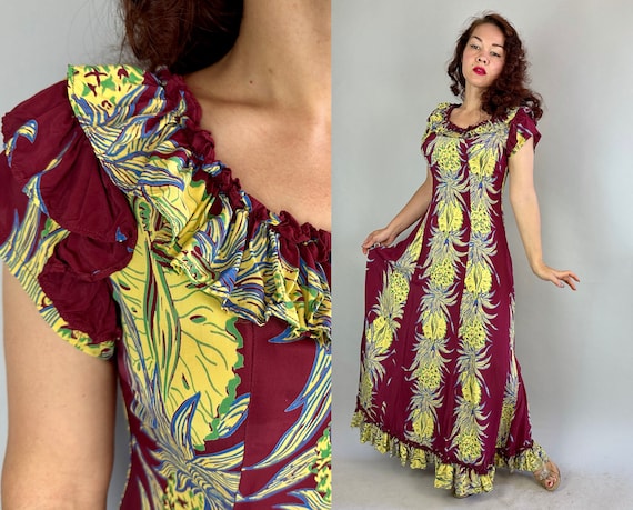 1940s Pineapple Passion Holoku Gown | Vintage 40s Maroon Yellow Blue and Green Tiki Fruit Stripe Rayon Hawaiian Luau Dress | Medium Large