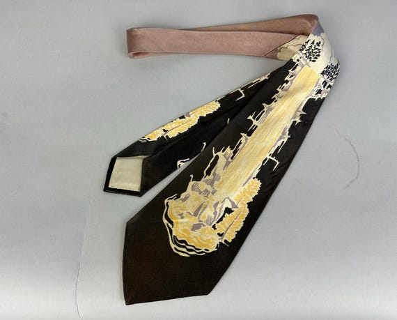 1940s Waterfall of Wonders Necktie | Vintage 40s Cascading Forest Waterfall Down the Blade Wide Silk Self Tie by Hollyvogue DeLuxe