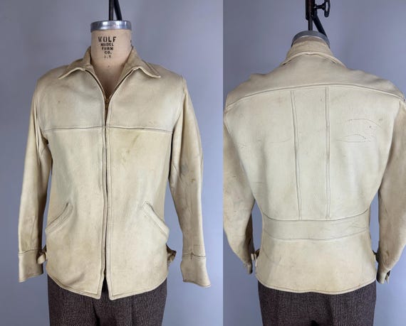 1940s Sporting Racer Coat | Vintage 40s Cream White Deerskin Leather Jacket with Belted Back and Side Buckle Adjusters | Size 42 Medium
