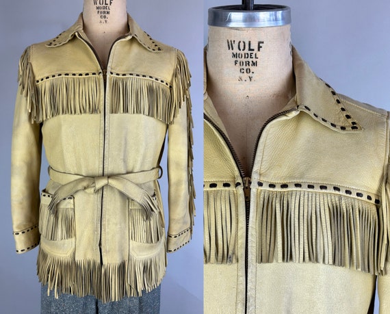 1940s Out on the Range Jacket | Vintage 40s Butter Deerskin & Brown Leather 2-Tone Fringed Cowboy Leather Western Coat w/Belt | Small/Medium