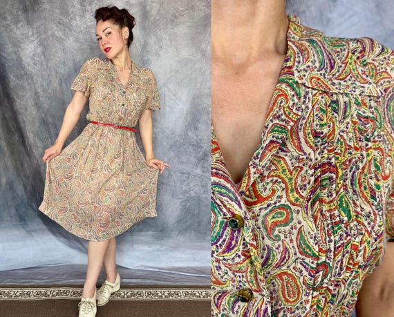1940s Poised in Paisley Frock | Vintage 40s Red White Green Purple Yellow Swirling Paisleys Sheer Voile Dress w/Rhinestone Buttons | Large