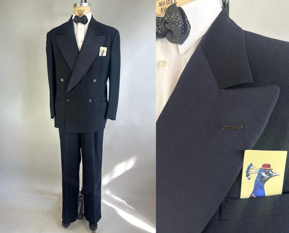 1940s Opulent Obsidian Tuxedo | Vintage 40s Black Wool Double Breasted w Silk Faille Peak Lapel Jacket & Pants Set | Size 40/42 Medium Large