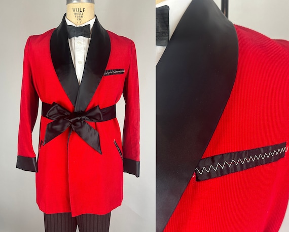 1950s Savvy Sean Smoking Jacket | Vintage 50s Deadstock Fire Red Corduroy with Black Satin Accents Lounging Robe w/ Sash Belt | Small/Medium