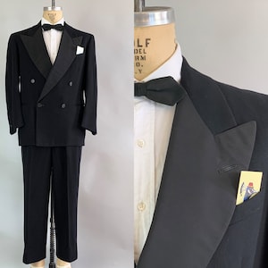 Vintage 1930s 1940s Tuxedo by Weber and Heilbroner Peaked Faille Lapel Black Wool Dinner Suit 40 42 Two Piece 2 pc Jacket Pants 4 by 2