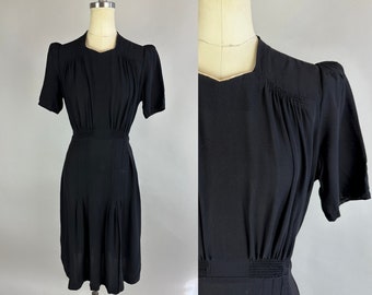 1930s Dark Desires Dress | Vintage 30s Black Rayon Crepe Puff Sleeve Swing Frock LBD with Sweetheart Neckline and Smocking | Small