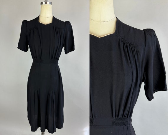 1930s Dark Desires Dress | Vintage 30s Black Rayon Crepe Puff Sleeve Swing Frock LBD with Sweetheart Neckline and Smocking | Small