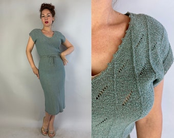 1950s Lurex Love Knit Dress | Vintage 50s Dusty Blue and Silver Sparkle Wool Curve Hugging Knit Frock with Attached Belt | Medium Large XL