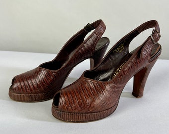 1940s Femme Fatale Shoes | Vintage 40s Rich Mahogany Brown Snakeskin Leather Platform Slingback Peeptoe High Heels | Size US 7