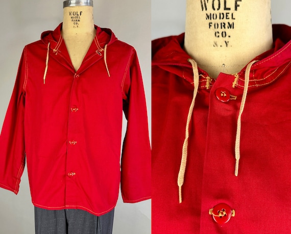 1940s Rain on My Parade Jacket | Vintage 40s Fire Engine Red Waterproof Cotton Coat with Hood & White Top Stitching | Large/Extra Large XL